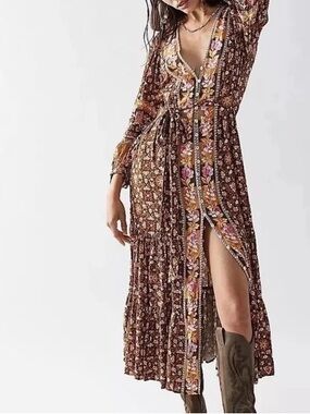 Spell Free People exclusive Madame Peacock Button up dress , Coffee Maxi XL